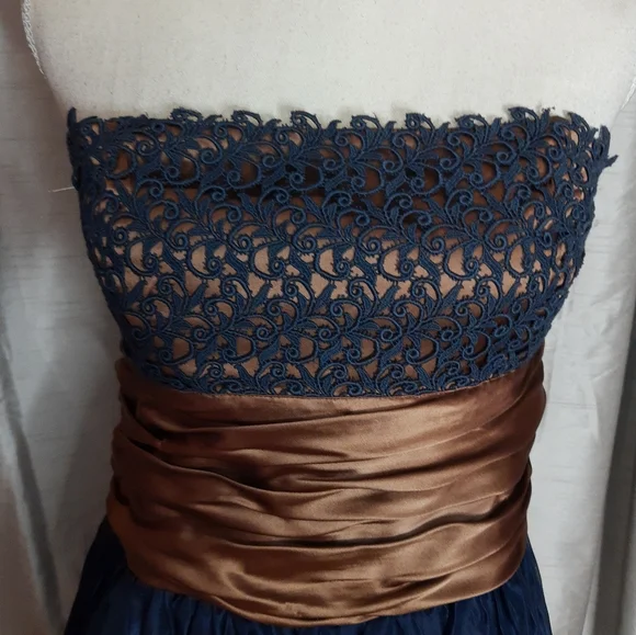 Silk Nicole Farhi Ballgown Navy Blue & Bronze full skirt Strapless bodice UK 14 - Picture 2 of 12